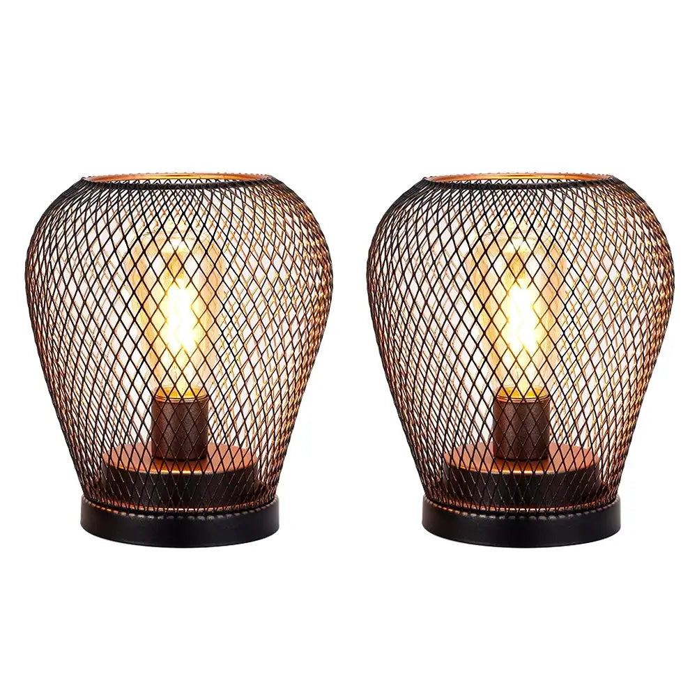 JHY Design 6.7" tall battery-powered outdoor table lamp set of 2 with copper-toned wire mesh cages.