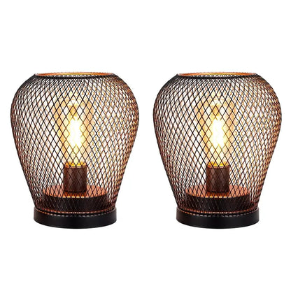 JHY Design 6.7" tall battery-powered outdoor table lamp set of 2 with copper-toned wire mesh cages.